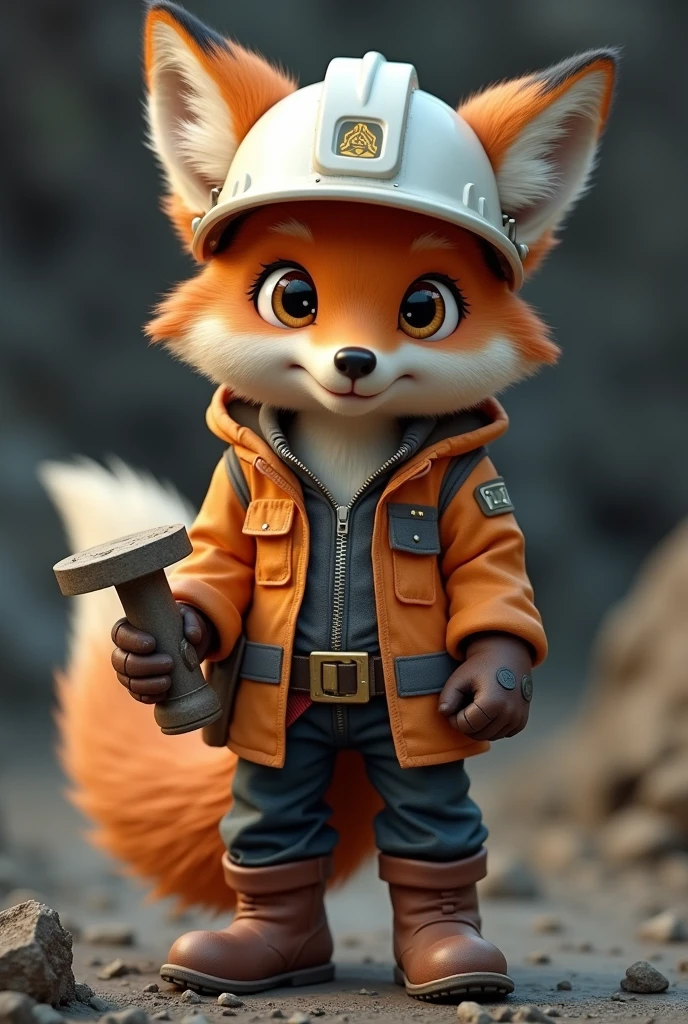 Culpeo fox dressed as a miner with a white helmet, orange jacket and safety shoes and a drilling crown