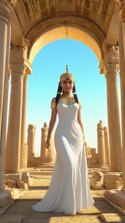 Arafed woman in a white dress and golden wings stands in front of a large arch, Android girl in Egyptian ruins, ancient goddess, Goddess. Extremely high detail, Hermosa Cleopatra, Unreal Engine Rendering + una Goddess, Egyptian princess, Egyptian god, Egyptian mythology, Hermosa Goddess, Egypt God, CGsociety 8K, CGsociety 8K, CGsociety 8 K