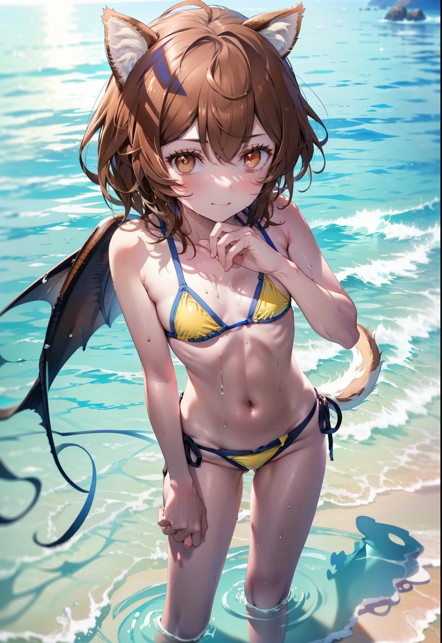 Lililukarde, Liliruka gets burned, Animal ears, Animal tail,(Brown eyes:1.7), Brown Hair, (Flat Chest:1.2), smile,short hair,Yellow bikini string swimsuit,Shorts,barefoot,Wet swimsuit,Wet Hair,Wet Skin,whole bodyがイラストに入るように,Water Play,True Summer,Daytime,Clear skies,
break looking at viewer,whole body,
break outdoors, Beach,Ocean,
break (masterpiece:1.2), Highest quality, High resolution, unity 8k wallpaper, (figure:0.8), (Beautiful attention to detail:1.6), Highly detailed face, Perfect lighting, Highly detailed CG, (Perfect hands, Perfect Anatomy),