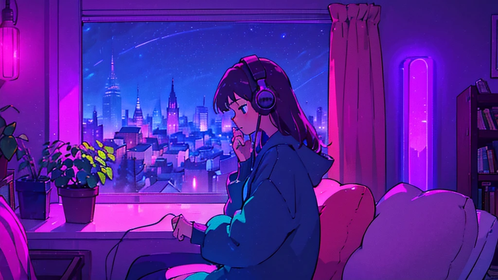 A high-quality, detailed anime-style illustration of a young woman, wearing large over-ear headphones. She is sitting on a cozy sofa, gently practicing guitar. The setting is a dimly lit room with a warm, calm ambiance, featuring soft, dark tones. The room is decorated with a few plants that add a touch of nature. A large window shows a cityscape with various colored lights from nearby buildings, creating a peaceful, contemplative atmosphere perfect for lo-fi music. Soft purple neon signs glow subtly in the background. The overall mood of the image should be relaxed and soothing, with smooth lines and a soft, muted color palette, avoiding overly bright or harsh tones