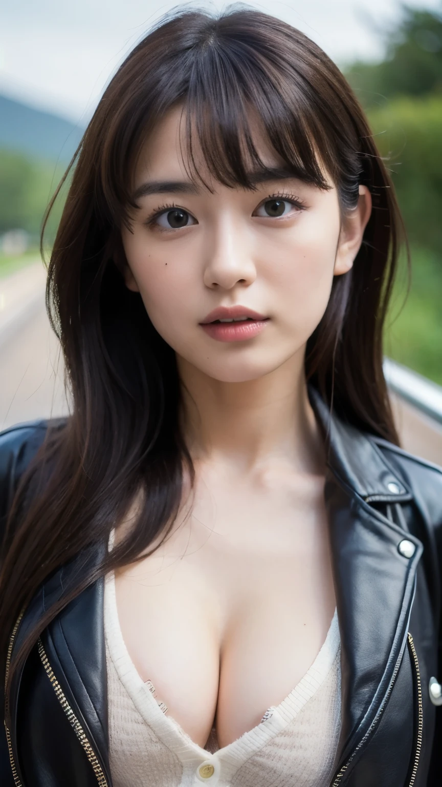 You are a professional photographer。masterpiece、8K、Highest quality, Soft Light, Ultra-high resolution, (Realistic:1.4), RAW Photos,24 years old Japanese, alone, cute, bangs、(pupil, Light in your eyes), Beautiful face in every detail, (Small box),(High resolution detail of human skin texture),Cleavage
、Biker、Wear a rider's jacket、Accurate background、(Get behind the wheel of a motorcycle)、
、(Portraiture)
