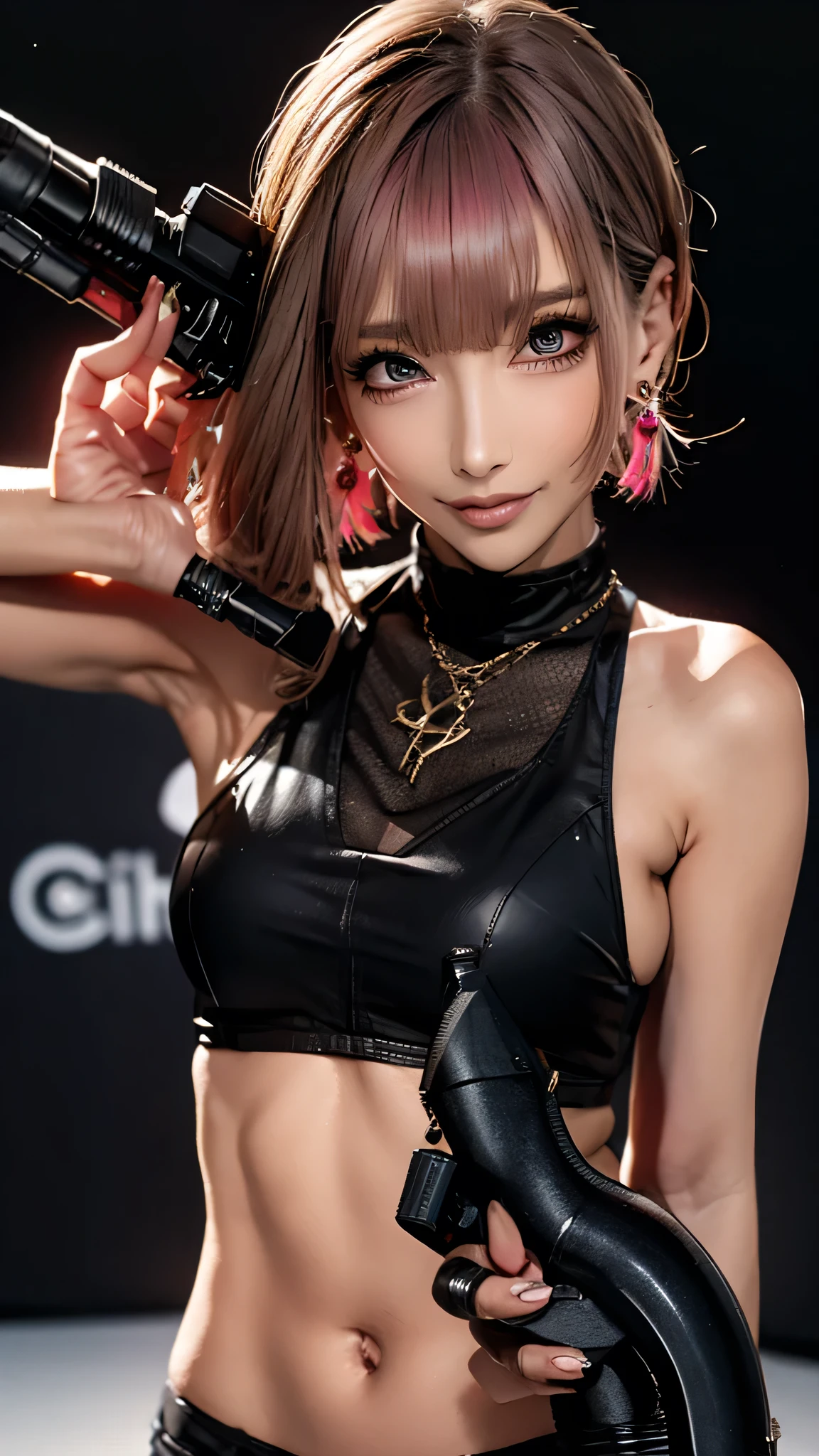 (Highest quality), Realistic, (live-action),(Short Hair,Sharp bangs)Highest quality,Highest quality,8k images,Pink Hair,High heels,Small face,((Big Breasts))Leg spread、1 gun,(((Point the tip of your gun towards the camera:1.6))),Highest quality32K(In combat)