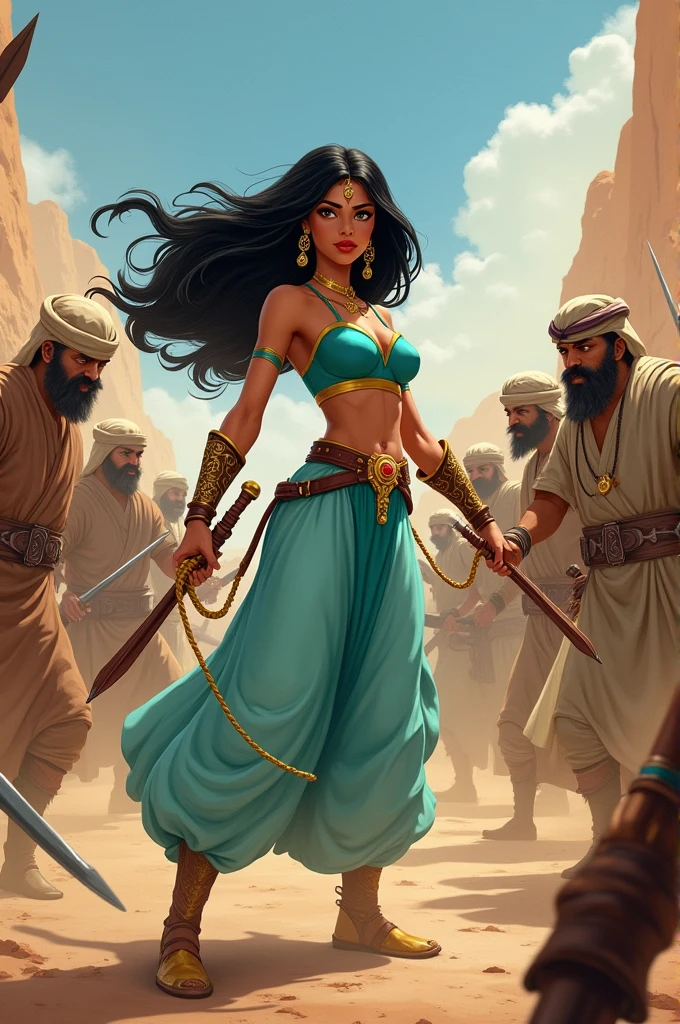 Disney's Jasmine with a whip fighting Arab bandits