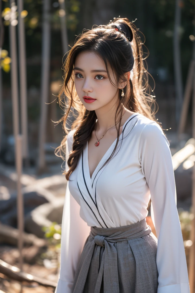 1 beautiful girl in Hanfu, ((black thin silk shirt)), long platinum purple ponytail Hair, Jewelry, ear jewelry, necklace and necklace, carefully drawn big purple eyes, carefully made up, thin eyebrows, high nose, beautiful red lips, no smile, pursed lips, rosy cheeks, wide chest, big breasts, well-proportioned breasts, slim waist, well-proportioned buttocks, purple fishnet stockings, Chinese Hanfu style, fictional art pattern, full of bright and realistic colors, RAW photo, Realistic photo, ultra-high quality 8k surreal photo, (effective magical light effect: 1.8), 10x pixels, magical effect (Background): 1.8), super detailed eyes, full body portrait of the girl, beach, dynamic pose
