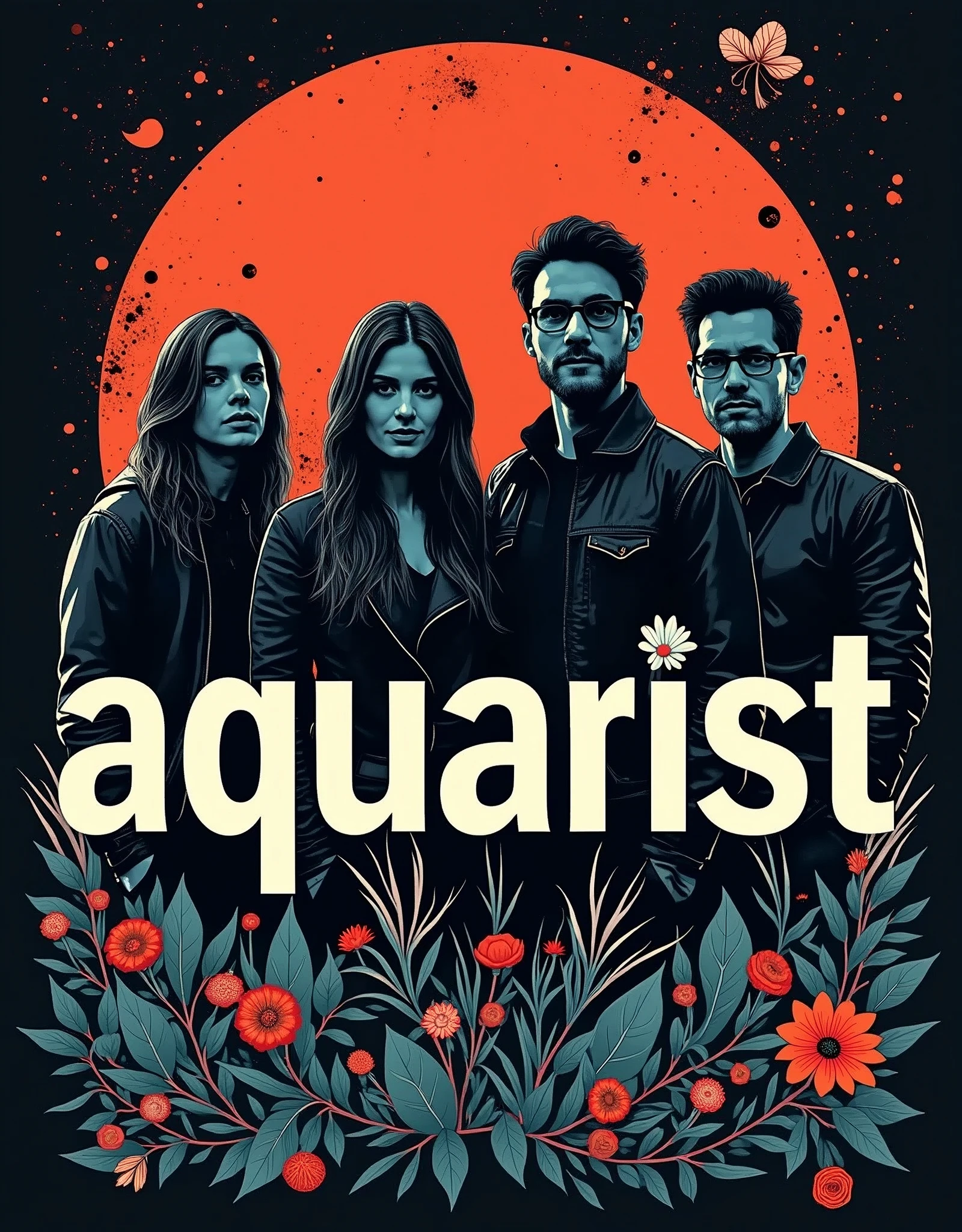 (masterpiece:1.2),(Highest quality),(Very detailed),(Ultra-high resolution),(Best illustrations),8k,wallpaper,Music record jacket design,Acid Jazz,Vector art,Flat Design,Band name"aquarist"Display as text,(The overall design is monochrome with pop colors for the text.:2.0)