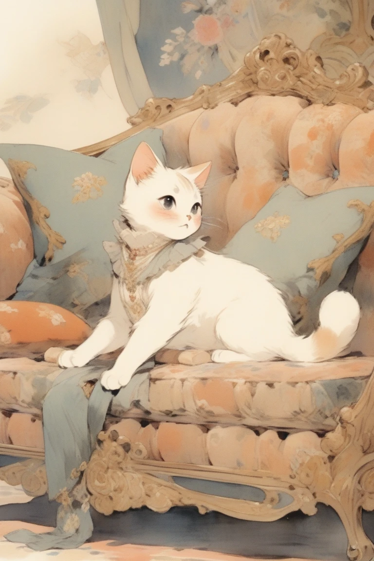 A cute cat with round eyes、Stretching on an antique sofa、anime