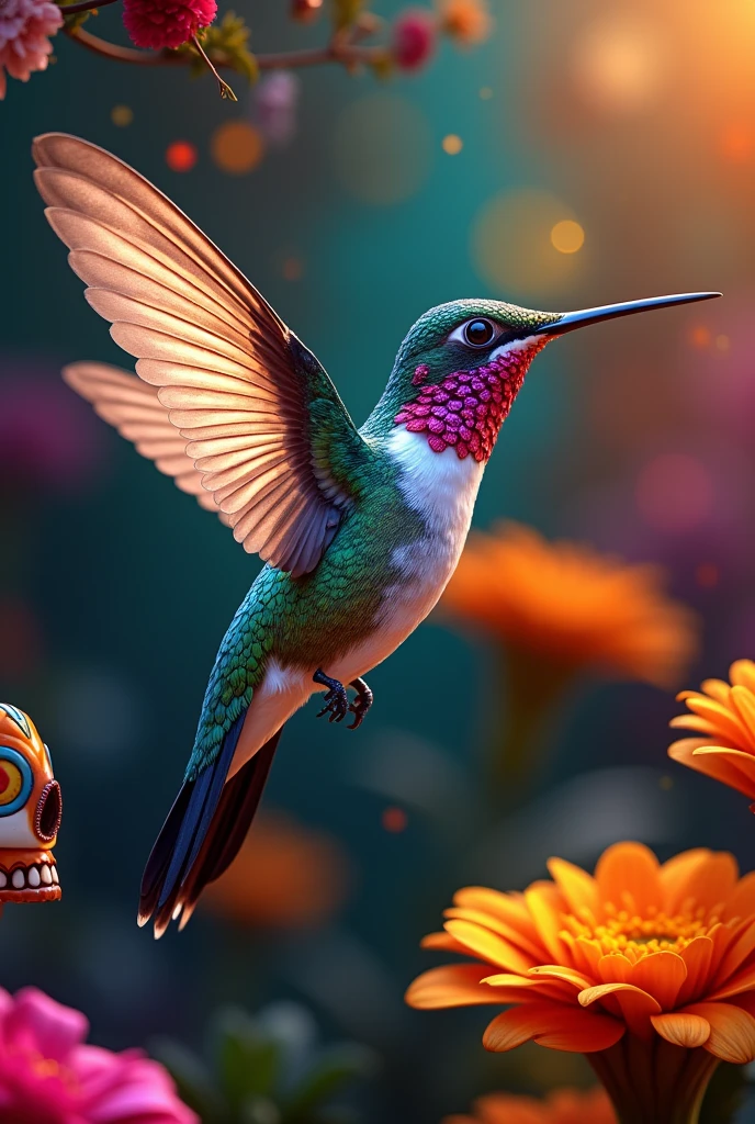 Photorealism beautiful hummingbird with a colorfull day of the dead background, as a messager