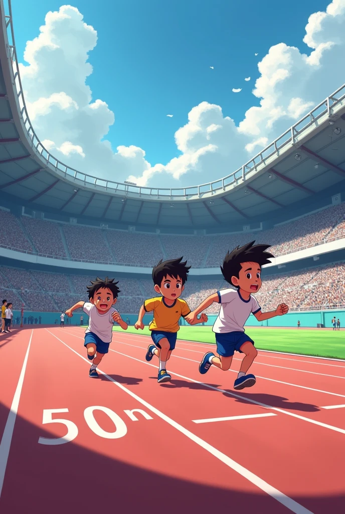 50 m running within three boys ,instructer waiting to stop them when they reach 50 m , mention 50 m written on lane , all this happening within stadium with audiance , upper view through cloud 