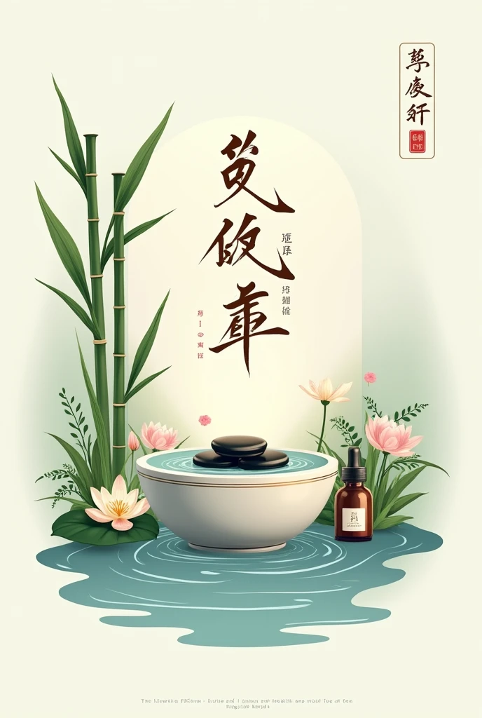 Background Design：
Selection of color：

Use soft tones，Such as light blue、Off-white and light green，Create warmth、Relaxing atmosphere。
Pattern elements：

You can add some water wave texture，The water feeling symbolizing foot bath。
Using elements of landscape painting，Convey the charm of traditional Chinese health culture。
Add plant patterns，For example, bamboo、Lotus, etc，Embodying nature and vitality。
Text element：

The words &quot;Exquisite Life&quot; can be placed above or in the center of the background.，字体可选择grace舒展的书法体。
Below you can have &quot;Foot Bath Massage，The slogan of &quot;Health Preservation&quot;，Presented in simple and clear fonts。
Sticker design：
Design shape：

Can be made into round or square，The edges are decorated with natural elements，Such as small flowers or leaves。
Content Design：

The foot bath icon can be placed in the center of the sticker，Like a footbath，It is filled with water and flower petals.。
You can add some patterns related to health preservation，Massage Stone、Aromatherapy bottles, etc.。
Character content：

On the sticker you can write &quot;Relax，Enjoy life&quot; and so on，Make people feel comfortable and pleasant experience。
Overall style：
Pursuit of simplicity、grace，Fully demonstrate the theme of refinement and health preservation，It makes people want to relax at first sight，Enjoy a relaxing foot bath。