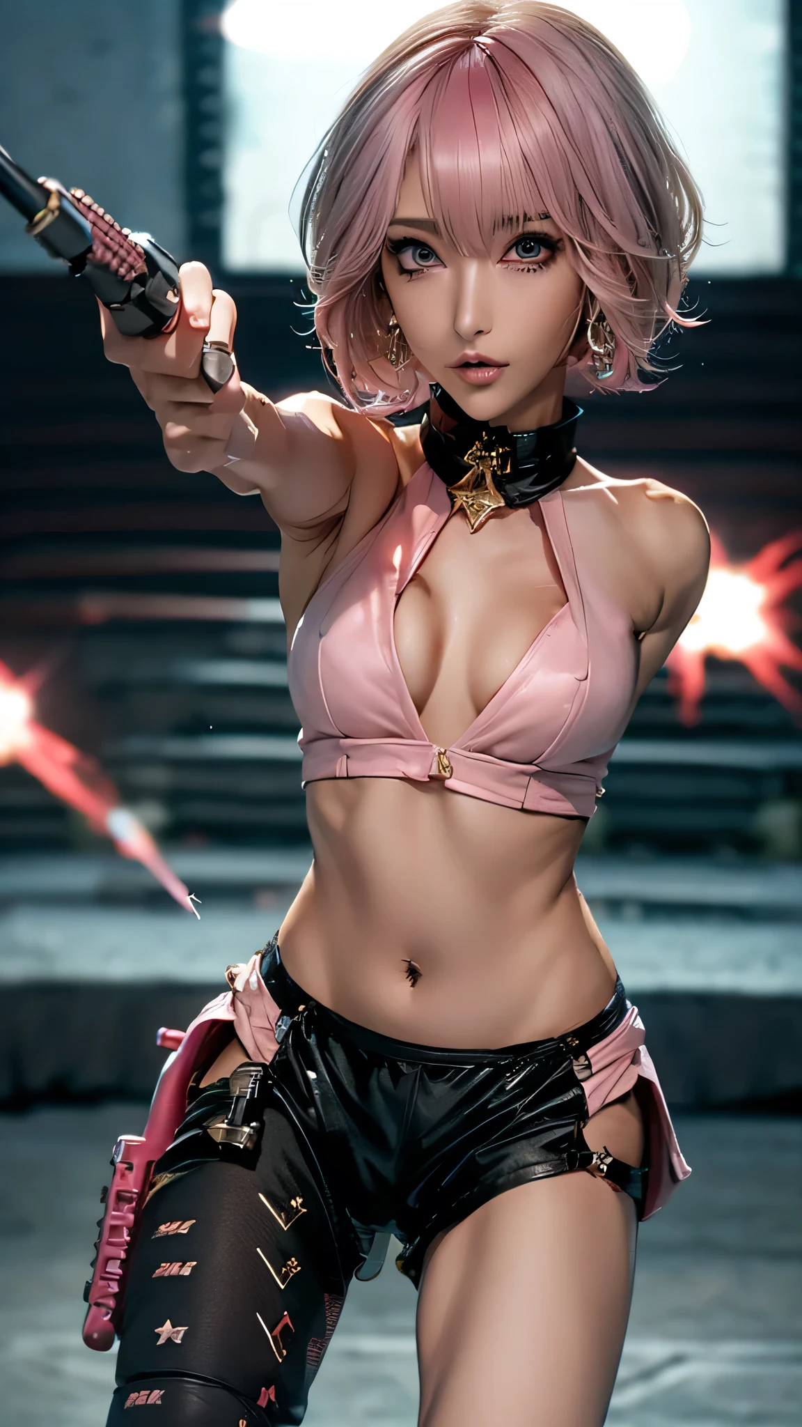 (Highest quality), Realistic, (live-action),(Short Hair,Sharp bangs)Highest quality,Highest quality,8k images,Pink Hair,High heels,Small face,((Big Breasts))Leg spread、1 gun,(((Point the tip of your gun towards the camera:1.6))),Highest quality32K(In combat)