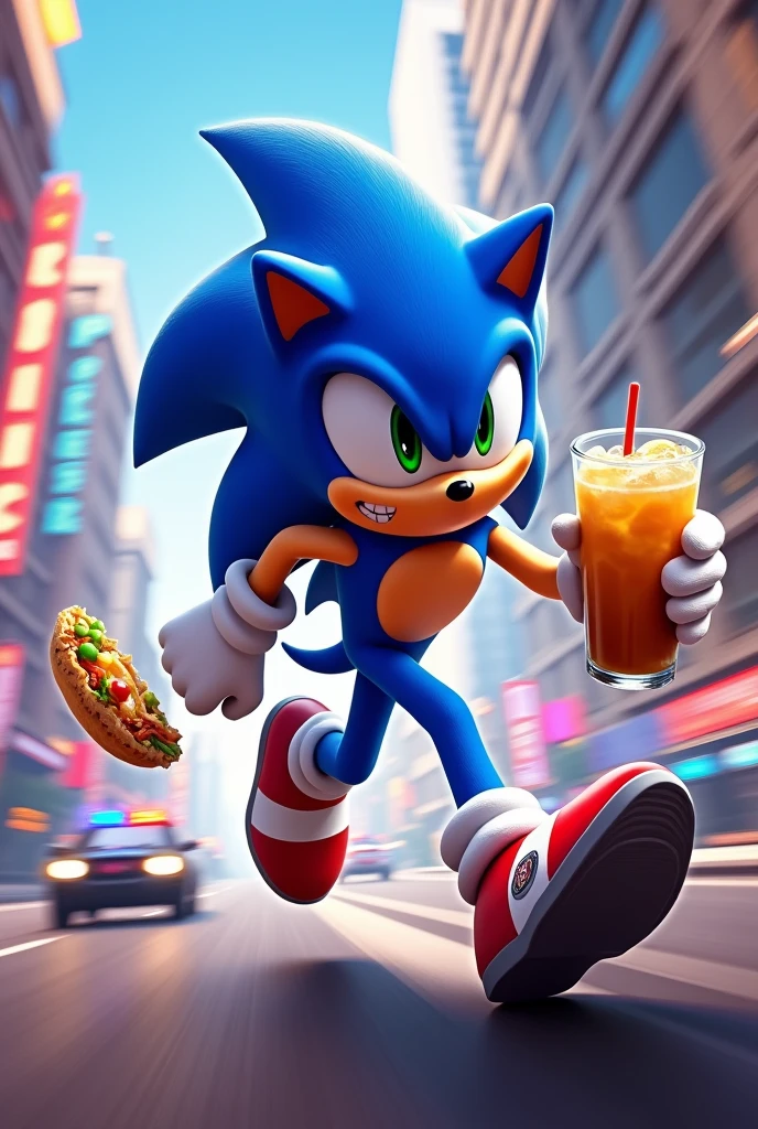 Make Sonic eat arepa with a malt while running from some policemen