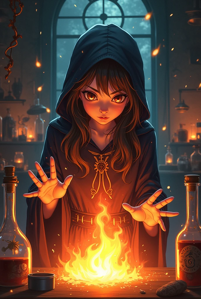 A young apprentice witch experiments with fire magic in a dark laboratory.。Anime style illustrations。
