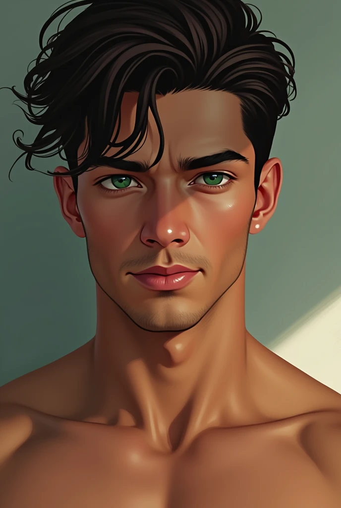A 22-year-old man with dark brown hair and intense green eyes. His body is athletic and well-defined, and he has a striking presence with a well-defined jawline and a charming smile