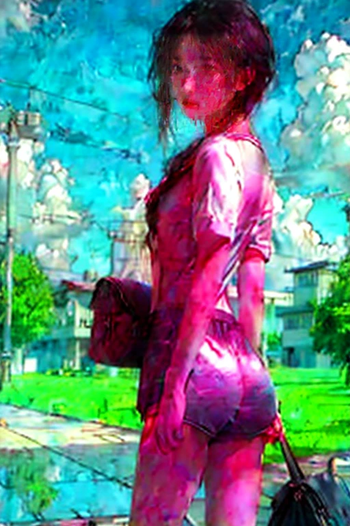 Girl Standing In Schoolyard, Cumulonimbus clouds floating in the summer sky, (Navy School Swimsuit:1.1), (wearing a white sailor shirt), Big eyes, Droopy eyes, school bag, 13 years old, (Very slim:1.4), (Very small ass:1.4), Thin thighs, knees, Brown eyes, Short hair tied low
