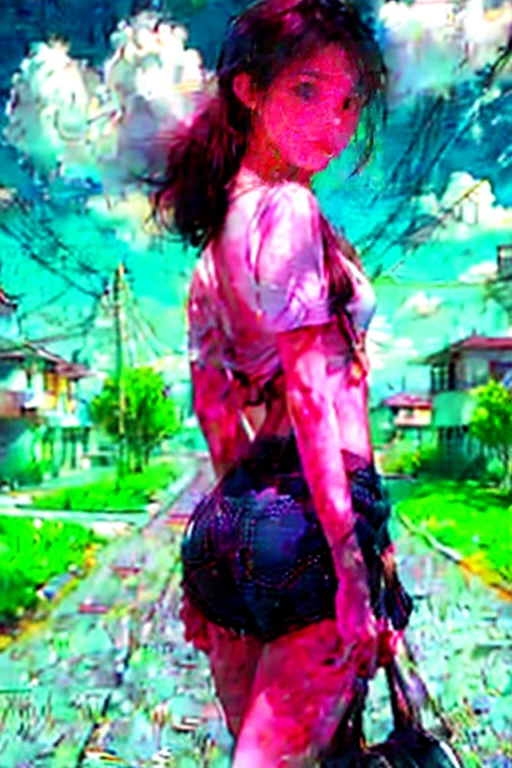 Girl Standing In Schoolyard, Cumulonimbus clouds floating in the summer sky, (Navy School Swimsuit:1.1), (wearing a white sailor shirt), Big eyes, Droopy eyes, school bag, 13 years old, (Very slim:1.4), (Very small ass:1.4), Thin thighs, knees, Brown eyes, Short hair tied low