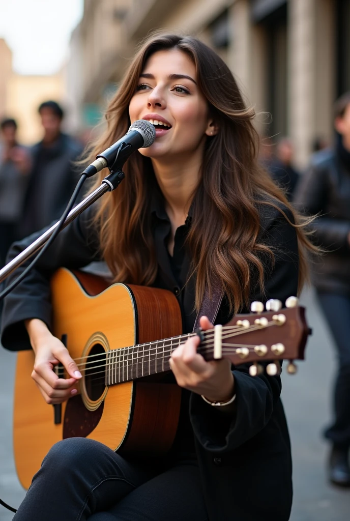 street musician,woman playing guitar and singing into microphone, a portrait by Leo Michelson, shutterstock, realism, portrait sophie mudd, the girl plays the guitar, playing guitar onstage, singer songwriter, performing on stage, singer - songwriter, cynthwave, sitting in front of a microphone, acoustic information, eva, women playing guitar, musician