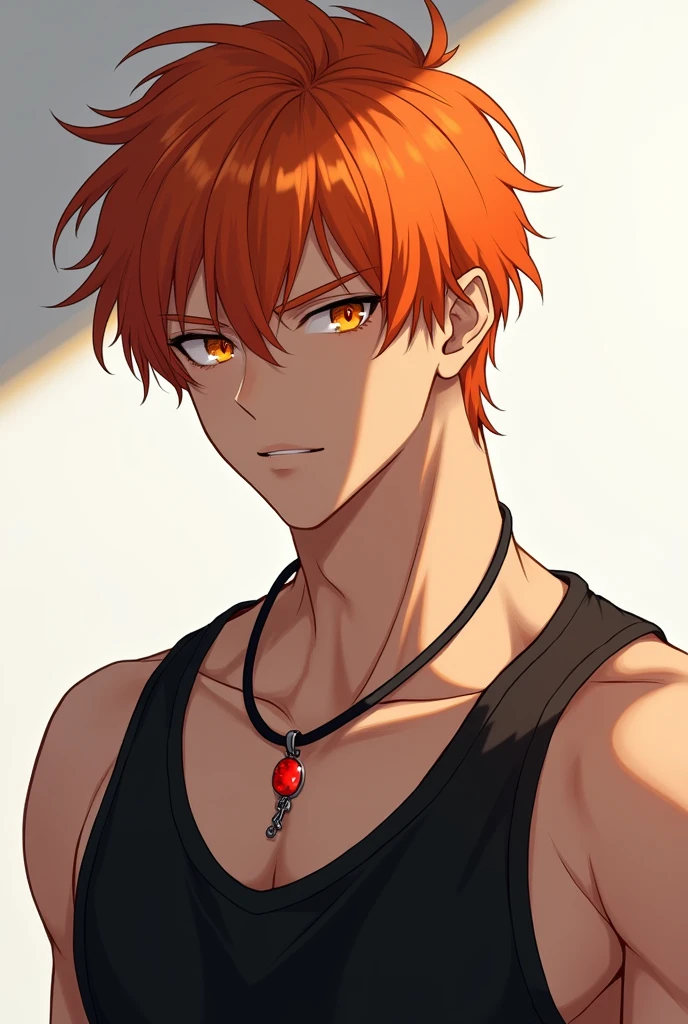A tall orange-haired boy with amber eyes and light pearly skin and is in shape and anime version, handsome but tough in a black tank top and a black rope necklace with a small red crystal.