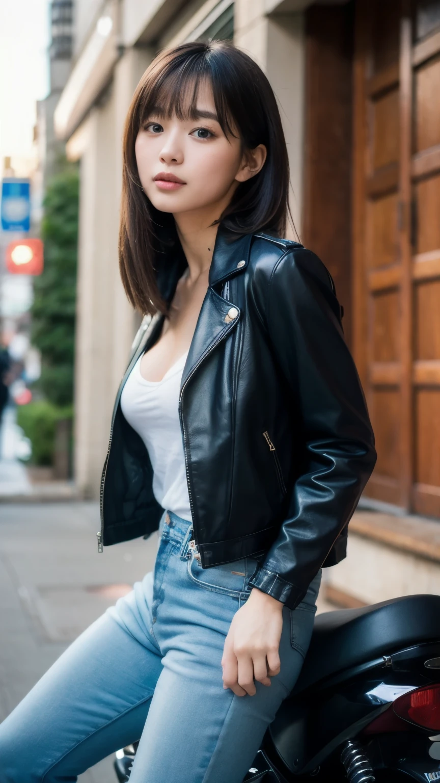 You are a professional photographer。masterpiece、８K、Highest quality, Soft Light, Ultra-high resolution, (Realistic:1.4), RAW Photos,24 years old Japanese, alone, cute, bangs、(pupil, Light in your eyes),  Beautiful face in every detail, (Small box),(High resolution detail of human skin texture),Cleavage
、Biker、Wear a rider's jacket、Accurate background、（Leaning on the motorcycle）、Wear tight pants、Showing off your legs
、(Portraiture)