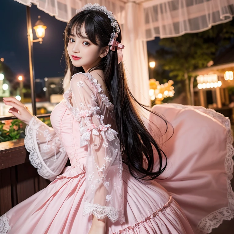 daytime,Side shot,In front of the amusement park castle,,skyscraper, best quality, Delicate face,beautiful visual work, lifelike, eternity, black hair, Long curly hair, blunt bangs, Smile, Detailed Background, Delicate face,pink blush,cold,((masterpiece))、(top quality)、8k、high detail、Super detailed,31 years old female,Wearing ta dress、Seductive and whimsical style、masterpiece、born、Scenes resembling fairy tale illustrations、Intricate details and complex designs、Beautifully、magic、capricious、 Beautifully、Dream aesthetics、「𝓡𝓸𝓶𝓪𝓷𝓽𝓲𝓬、ethereal、charming、fickle、magic」、Realism、Visual effects、FXAA、SSAO、Shaders、voiceless、ambient lighting、Tone mapping、High resolution、Ultra high quality、Million pixels、(8K resolution:1.10)、8k、Below 8K、8K resolution、high detail、intricate details, (high quality:1.2、masterpiece:1.2、:1.21)、(31 years old female:1.21)、(Smile excitedly)、(Surrounded by the dreamy atmosphere、Model diagram,full-body shot,Normal 2 feet,Don't show your fingers,pink dress, lots of lace,layered dress, Long sleeve,Puff sleeves,Transparent sleeves,Bow at the back of the waist, Skirt length to calf, cupcake dress, Layered skirt with lace on each layer, Wear a LOLIress, layered dress, Pink lolita s, lots of lace, Long sleeve, Wide sleeves, Big skirt, layered lace skirt, Puff sleeves, Wide sleeves, Transparent sleeves子, intricate details showcase the ruffles and intricate designs of the Lolita dressaring a lolita dress, Bo the back of the waist, Skirt length to calf, cupcake dress, Layered skirt with lace on each layer, Wear a LOLITA dress, layereess, Pink lolita skirt, lots of laLong sleeve, Wide sleeves, Big skirt, layered lace skirt, Puff sleeves, Wide sleeves, Transparent sleeves子, intricate details showcase the ruffles and intricate designs of the Lolita dress, Wearing a loliress,
