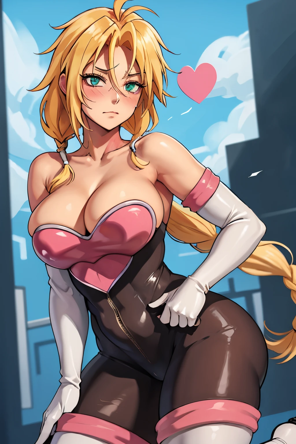 （masterpiece、Highest quality）、Upset person、rouge the bat（Cosplay）、One Wing、White elbow gloves、Shoulder Bare、One Wing、Look forward、Confused expression、blush、blushシール、Black bodysuit、White thigh-high boots、White footwear、Cleavage、Cosplay、whole body、Heart Chest、High resolution、rouge the bat（Cosplay）、Sonic（series）、Brown skinティア・ハリベル、（Bleach）、masterpiece、（（Highest quality））、（Mature Woman、Tall woman）、Toned body、Brown skin、（Green Eyes）、（blonde eyelashes）、Short, messy golden blonde hair、Braid、（Serious personality）、calm、Mean、Loyal、Protect me、just、noble、philosophical、（zero）、whole body、One Woman、solo