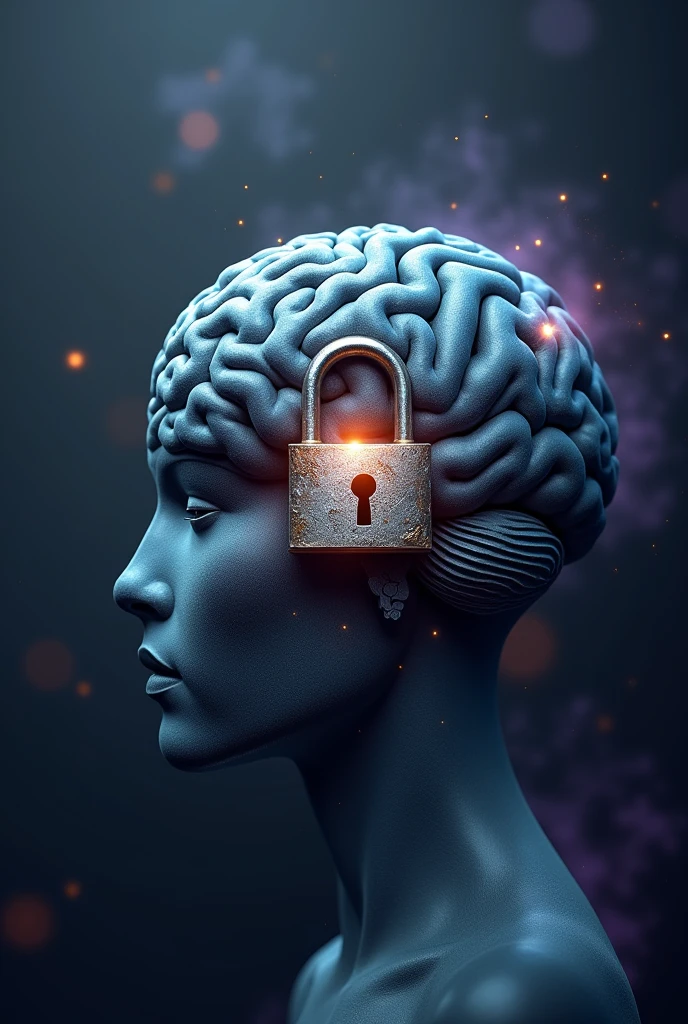 An image that captures the exact moment an intricately designed silver key approaches a lock located in the center of a human brain. The brain, represented in shades of blue and gray, has a realistic texture, highlighting its contours and details. The lock is old, with an aged finish, but it shines softly, as if it were about to be unlocked for the first time. Small particles of golden light float around the key, suggesting the activation of a new mental potential. The background of the image is hazy, with shades of purple and black, creating a mysterious environment that symbolizes the depth and unknown of the human mind.