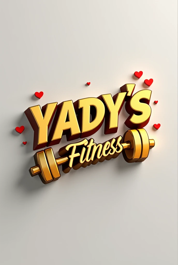 Yady'z Fitness gold 3D logo with dumbbells and red hearts