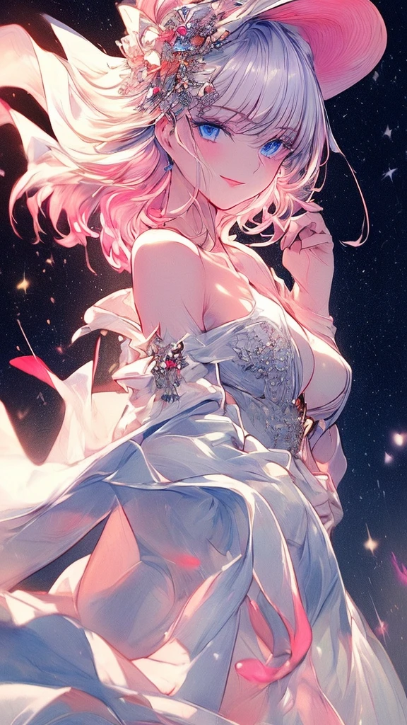 (masterpiece:1.4),, (Best Quality:1.4),, ultra high resolution,, 8k, CG,, (extremely delicate and beautiful:1.2),, , Upper part of the body, Whole body,, on one side,, looking at the viewer,, , 1 girl,, Alone,, fashion girl,, mature girl,, , Beautiful, Sweet, long white hair,, , blue eyes,, Closed mouth,, Red lips,, , Wedding dress,, medium breasts, Beautiful smile,, , short hair, pink face from the wind,, , to become night, starry sky