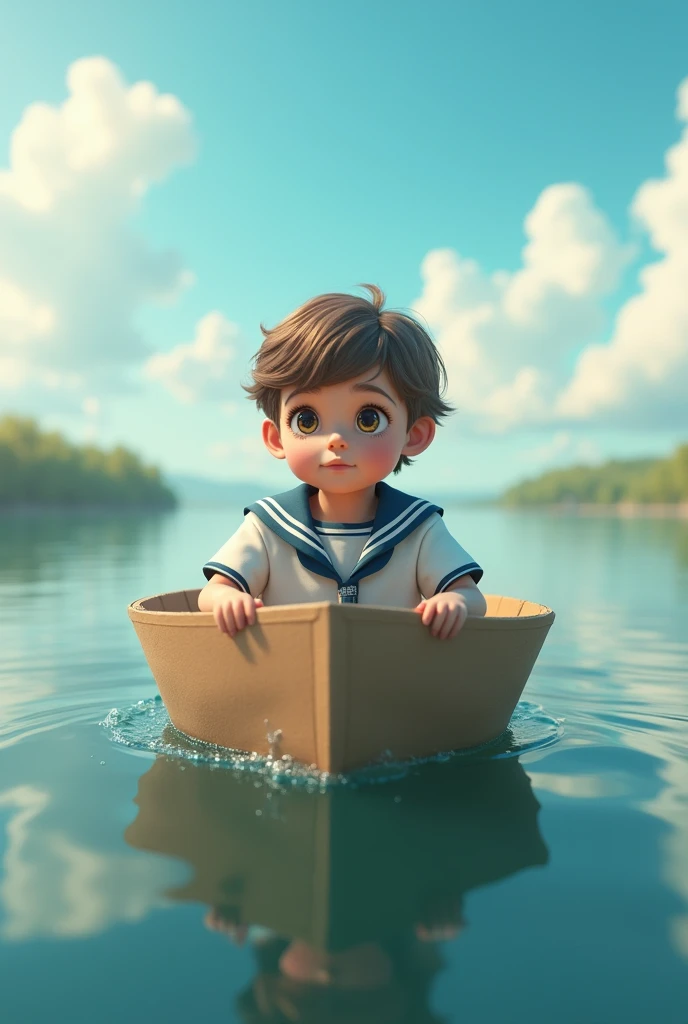photorealistic sailor boy, cardboard boat, floating on water, serene lake, blue sky, white clouds, beautiful detailed eyes, beautiful detailed lips, detailed face, longeyelashes, 's imagination, whimsical, fantasy, (best quality,4k,8k,highres,masterpiece:1.2),ultra-detailed,(realistic,photorealistic,photo-realistic:1.37),oil painting,cinematic lighting,vibrant colors,dramatic lighting