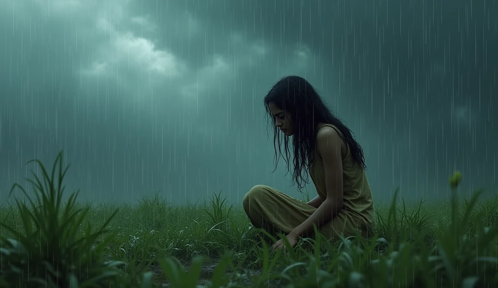 A sad girl drenching in heavy rain sitting alone wearing a dress