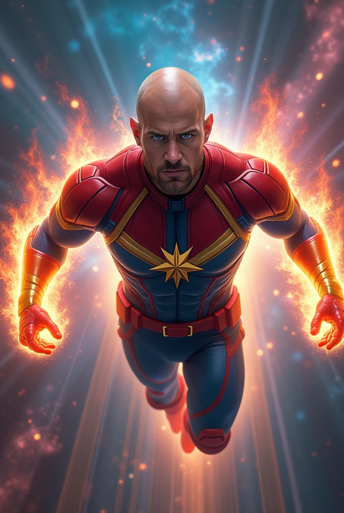 Male super hero, outfit inspired in comics Captain Marvel, Galaxy background, blonde shirt beard, bald head, light power, blue eyes, realistic art, young hero, flying in a galaxy war