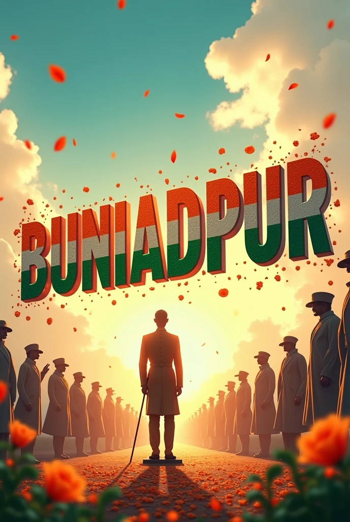 A floating name "BUNIADPUR" filled with Indian flag colour with flower.Beside the name there are some indian freedom fighters.The Netaji subhash chandra bose saluting the name.