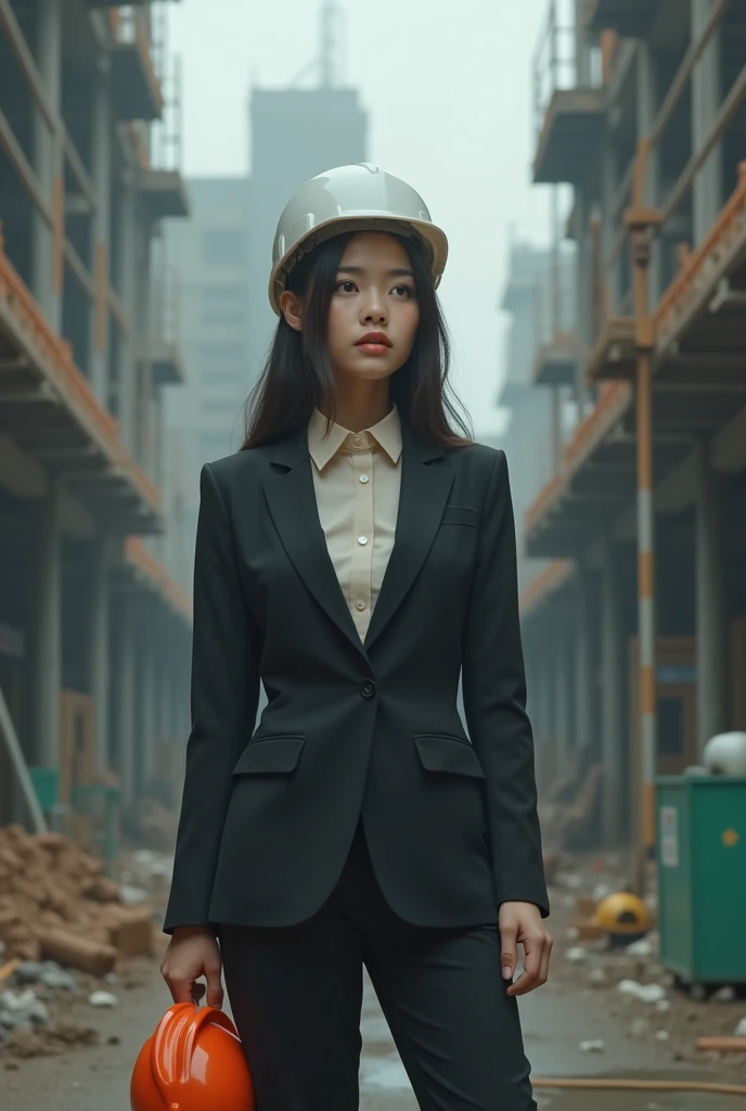 Create an image of an 18-year-old Asian businesswoman, wearing a construction site helmet, standing and expressing regret, with a cute and charming face. The image is full-body, slightly revealing, and she appears youthful