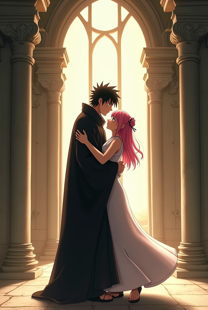 Itachi Uchiha hugging Sakura Haruno in a castle