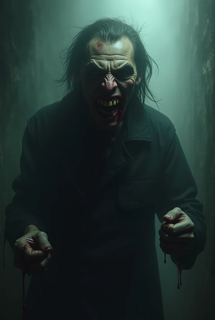 a man possessed by a wolf, horror, dark twisted fantasy, highly detailed face, beautiful detailed eyes, sharp fangs, glowing yellow eyes, clawed hands, torn and tattered clothing, dramatic lighting, moody atmosphere, dark colors, gritty, cinematic composition, 8k, high resolution, masterpiece