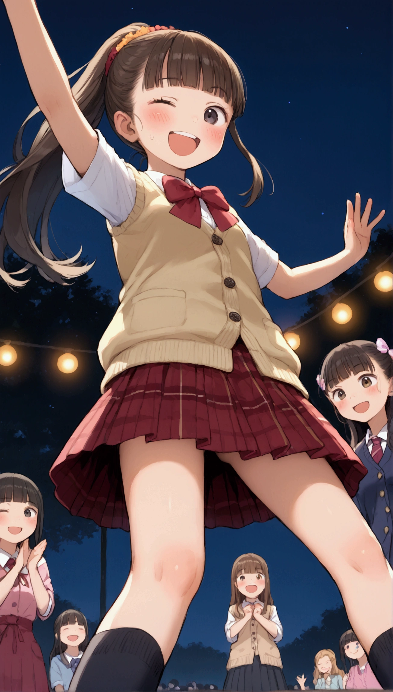 {Highest quality}, {Super beautiful},{Ultra fine},{Best illustration},Brown Hair,Hime cut,long hair,ponytail,One woman,Standing Woman,Strike a pose,Adult women,smile,Excited face,Wink,uniform,cardigan,Short sleeve,skirt,Night Festival,Blushing,Slender,Black knee-high socks,Black Loafers,From an angle,From below,Spread your legs,Waving with both hands,
