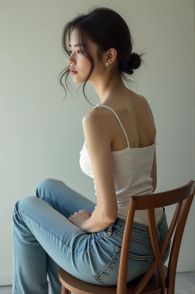 Pale woman teacher. Tight jeans. Little slim. Sitting on chair. Busty from back