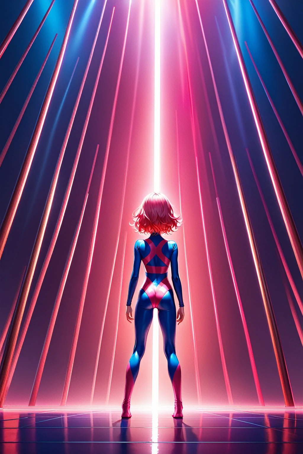 (Extremely detailed 8k unity CG wallpaper), (American teen, beautiful face), (bright salmon pink hair), ((shiny gymnastics clown)), ((standing in front of uneven bars)), with back turned, hands on waist, sighing, bright and intense lights