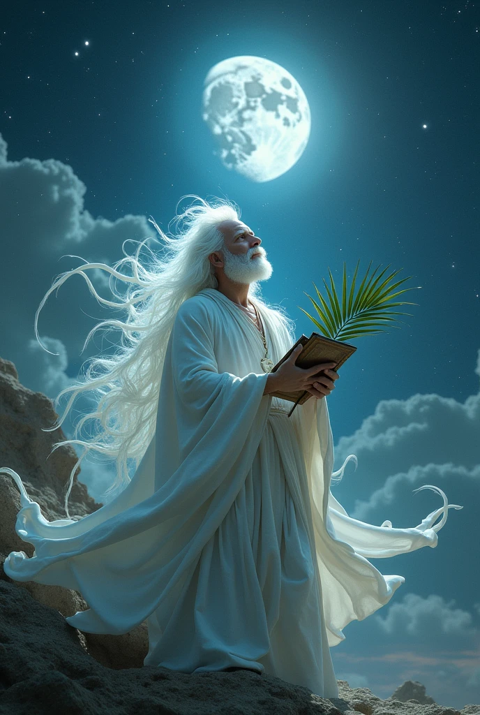 Generates a man with slime and white hair, looking at the sky with a white tunic and a glow surrounding his head, in his hands a palm leaf and a book, with a night background with the moon and stars