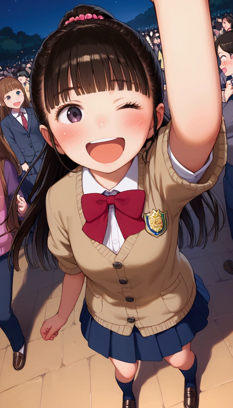 {Highest quality}, {Super beautiful},{Ultra fine},{Best illustration},Brown Hair,Hime cut,long hair,ponytail,One woman,Standing Woman,Strike a pose,Adult women,smile,Excited face,Wink,uniform,cardigan,Short sleeve,skirt,Night Festival,Blushing,Slender,Black knee-high socks,Black Loafers,From an angle,From above,Spread your legs,Waving with both hands,