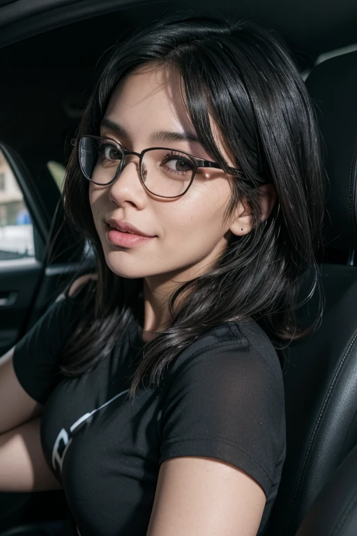 a 40 year old mixed race woman, 160 cm tall, Brazilian body, medium breasts, big ass, black clothes, with medium layered black hair, wearing nerd gamer glasses and driving a 2008 prisma joy silver tuned car