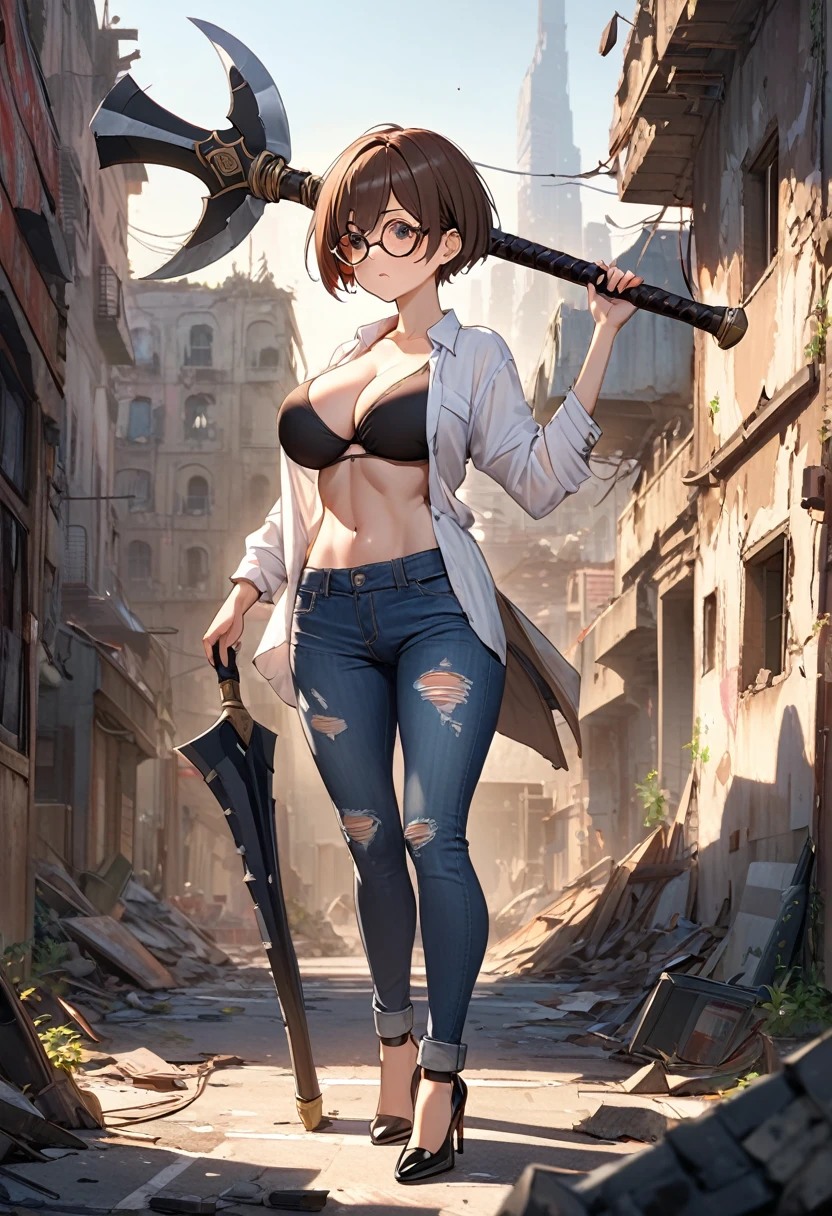 tomboy, solo, (very short hair, pixie cut, brown hair), circle-glasses, cute girl, perfect female body, big breasts, cleavage, toned stomach, beautiful limbs, white open Shirt, black bikini top, Distressed jeans short pants, high heels, She carries a huge battleax twice her height, (((((huge battleaxe))))), A defeated expression, science fiction, A ruined world, Dilapidated building district, Morning Glow, UHD, masterpiece, anatomically correct, textured skin, high details, high quality