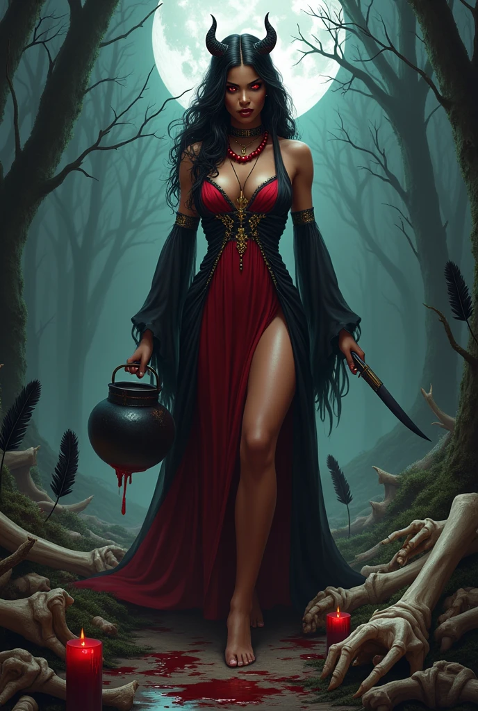 30 year old black woman, long wavy black fur, Red eyes, red and black necklaces, queen of hell, Super sexy red and black dress with gold and black details, melted candles, black magic book, whole body, walking among the dead , black feathers, full moon, evening,  human bones , blood,  moonlight with a cauldron,in a forest or swamp,  He carries a knife in his leg, His hand is shrill, She wears a half updo with a crown and goes barefoot, sentada sobre human bones, sexy silk dress