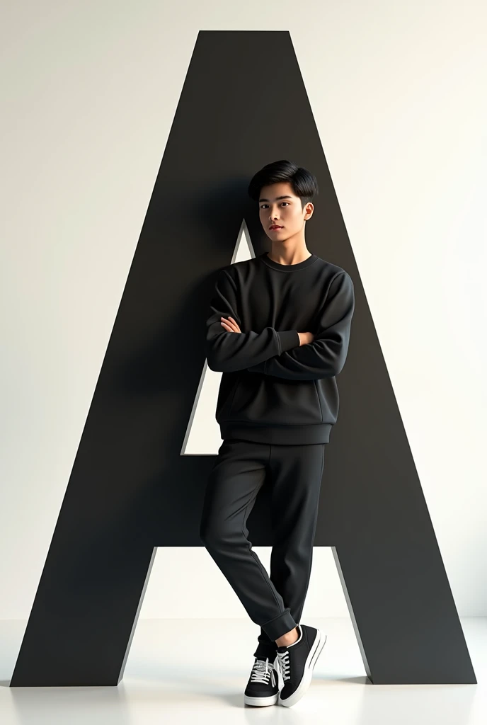 The real Indian 16-year-old boy with black hair is wearing a casual outfit including a black tricolor sweatshirt, jogger pants and sneakers. The man is leaning on a large bright tricolor letter ‘A
’, which is black with white accents. The overall color scheme is minimal, focusing on the colors of the tricolor. The scene has a modern and clean aesthetic, with soft darks and subtle shadows.”