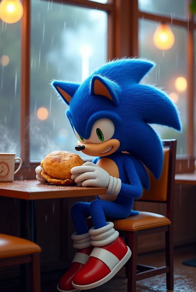 Make Sonic eat arepa in a restaurant while it's raining