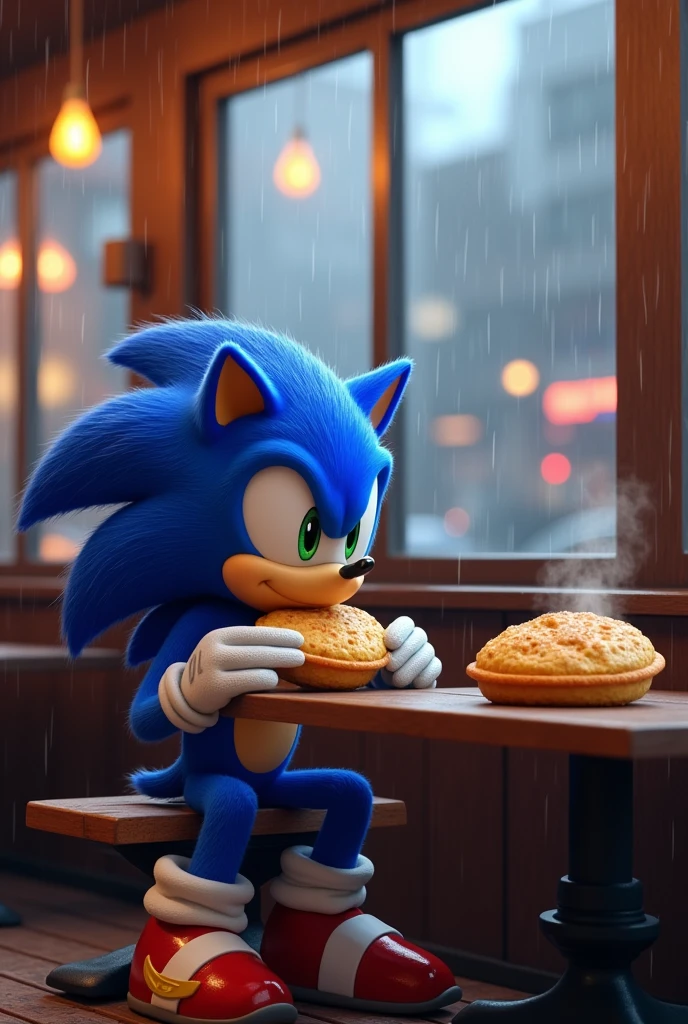 Make Sonic eat arepa in a restaurant while it's raining