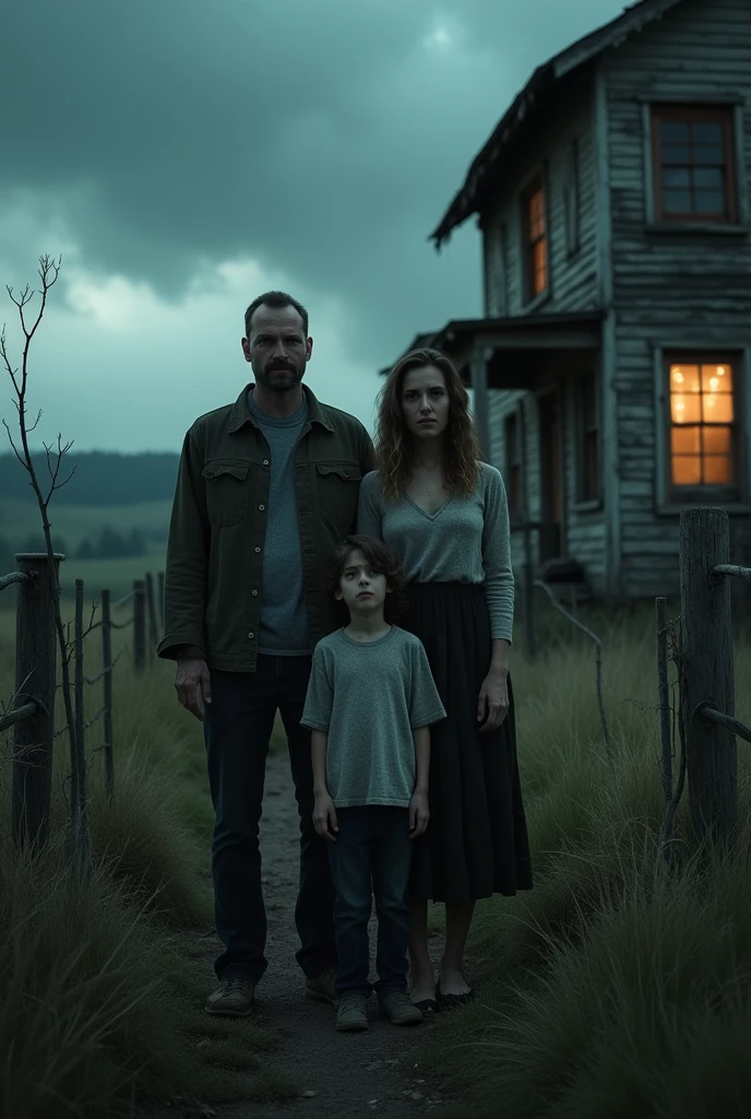 close up of husband, wife, and teenage son outside a house in the countryside, nightmare