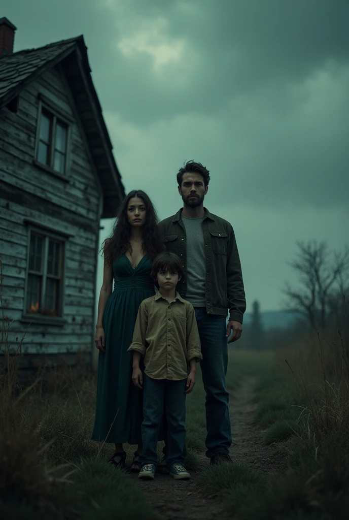 close up of husband, wife, and age son outside a house in the countryside, nightmare