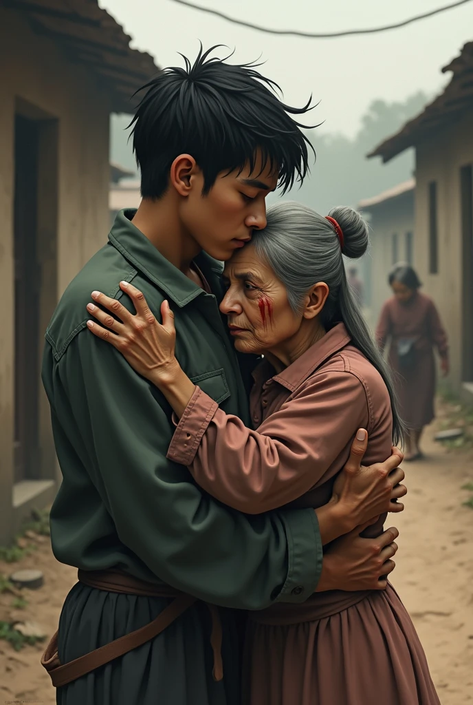 A tall young white man with black hair hugging a small, chubby old woman, both crying. It is a reunion of mother and daughter in a poor village