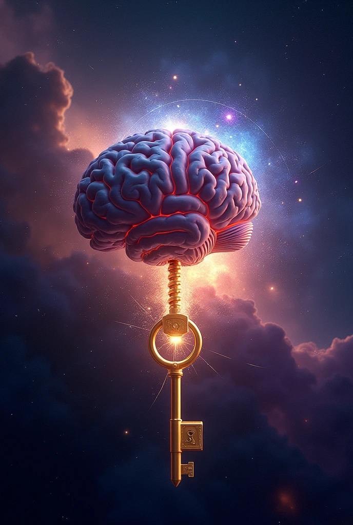 A conceptual image where a human brain is seen floating in a dark, infinite space, surrounded by stars and nebulae, symbolizing the vast potential of thought. In the center of the brain, there is a large golden key that has already been inserted into a lock. The key is in motion, being rotated, with half the lap already completed. When turning, the lock opens, and a wave of intense, colorful light begins to emanate from within the brain, spreading outward in bright spirals. This light symbolizes new ideas, creativity and unlocking true mental potential. No fundo, a mixture of dark and light colors, like purple, cerulean, and gold, gives a sense of mystery and discovery, highlighting the transformative power of 'turning the key' and freeing the mind.