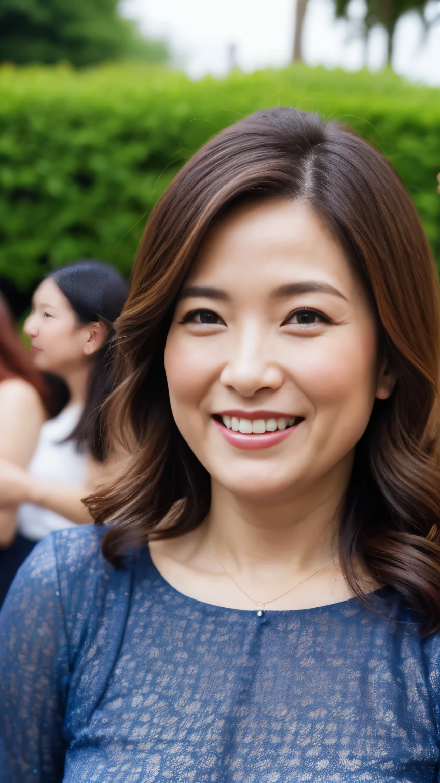 最high quality, In 8K, whole body, Real, Upper Body, high quality, High resolution, Detailed face, Detailed eyes, Thick lips, (Look at the viewers), alone, Middle-aged women, , 60 years old, , Wavy Hair, , Wearing short sleeves, Standing in front of a fountain, Wrinkles around the eyes, Smiling with teeth showing, Background Blur